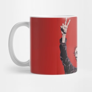 CHILL DUDE - skeleton holding hands in the air on red background Mug